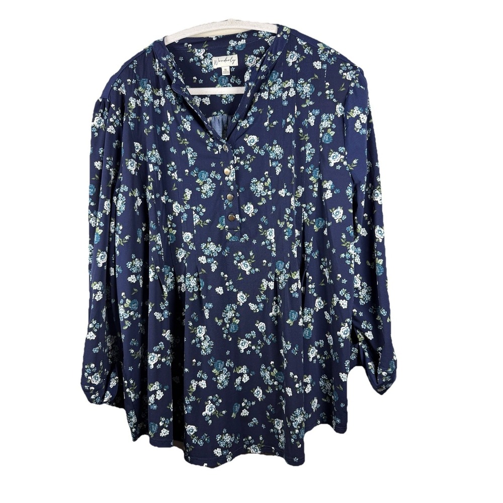 Wonderly Blue Floral Pullover Blouse XL V-neck Roll Sleeve Prairie Cottagecore